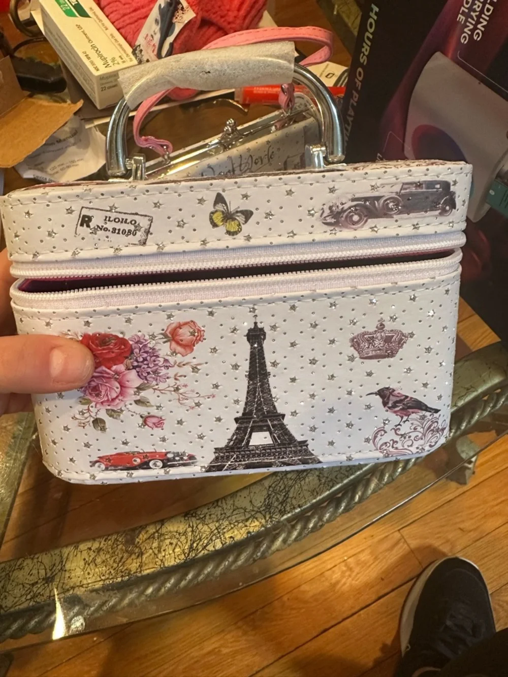 Paris Print White Women's Top-Handle Cosmetic Bag - Picture 1 of 6